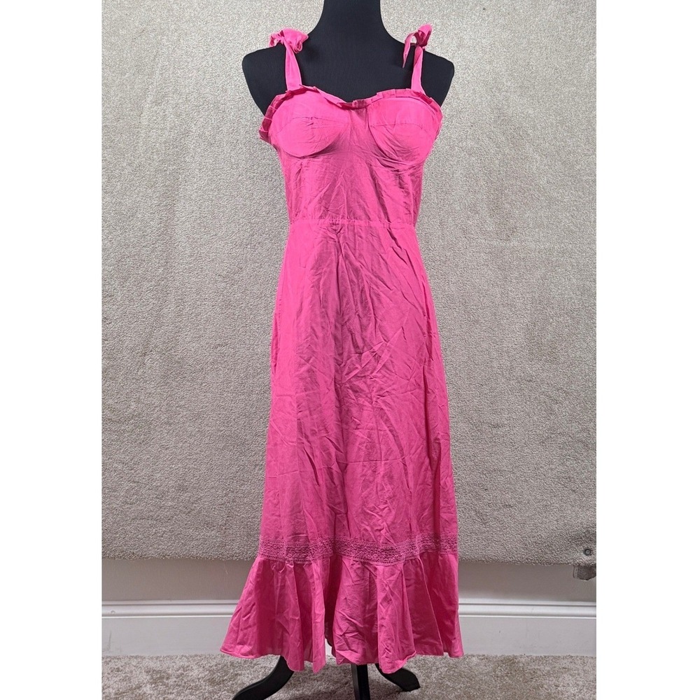 Ladaire Womens M Pink Silk Cotton Bustier Midi Dress Ruffle Tie Shoulder Boho